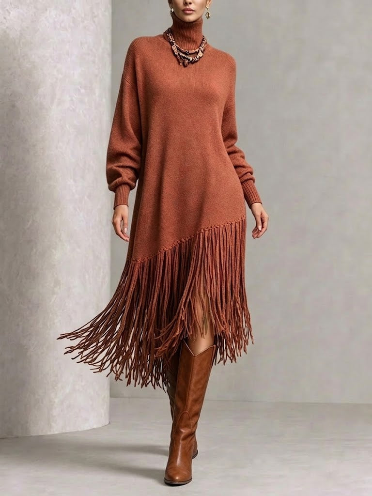 Curated Designer –Turtleneck Diagonal Fringe Oversized Knit Midi Dress