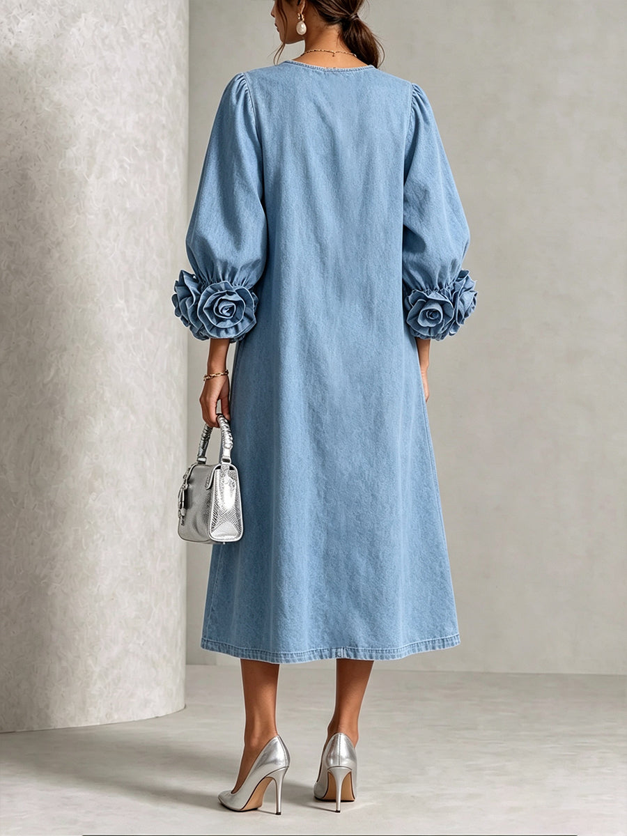 Curated Designer –Chic Chambray Denim 3D Rosette Sleeve Midi Dress