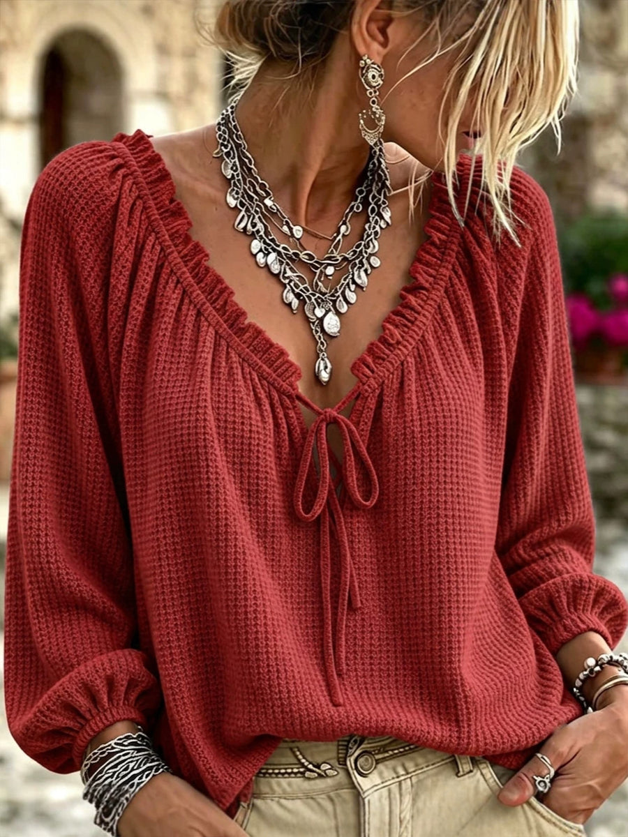 Comfortable Casual Waffle-knit Top With Ruffled V-neck