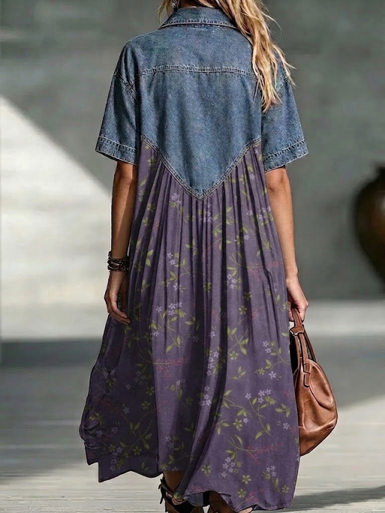 Casual Patchwork Floral Print Cotton-denim Dress