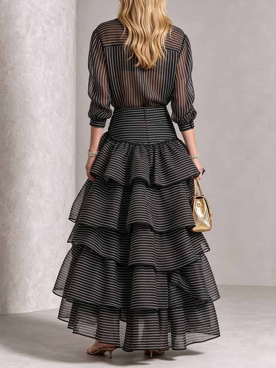Free Shipping on 1 -Chic Striped Sheer Shirt & Ruffled High-Low Maxi Skirt Set