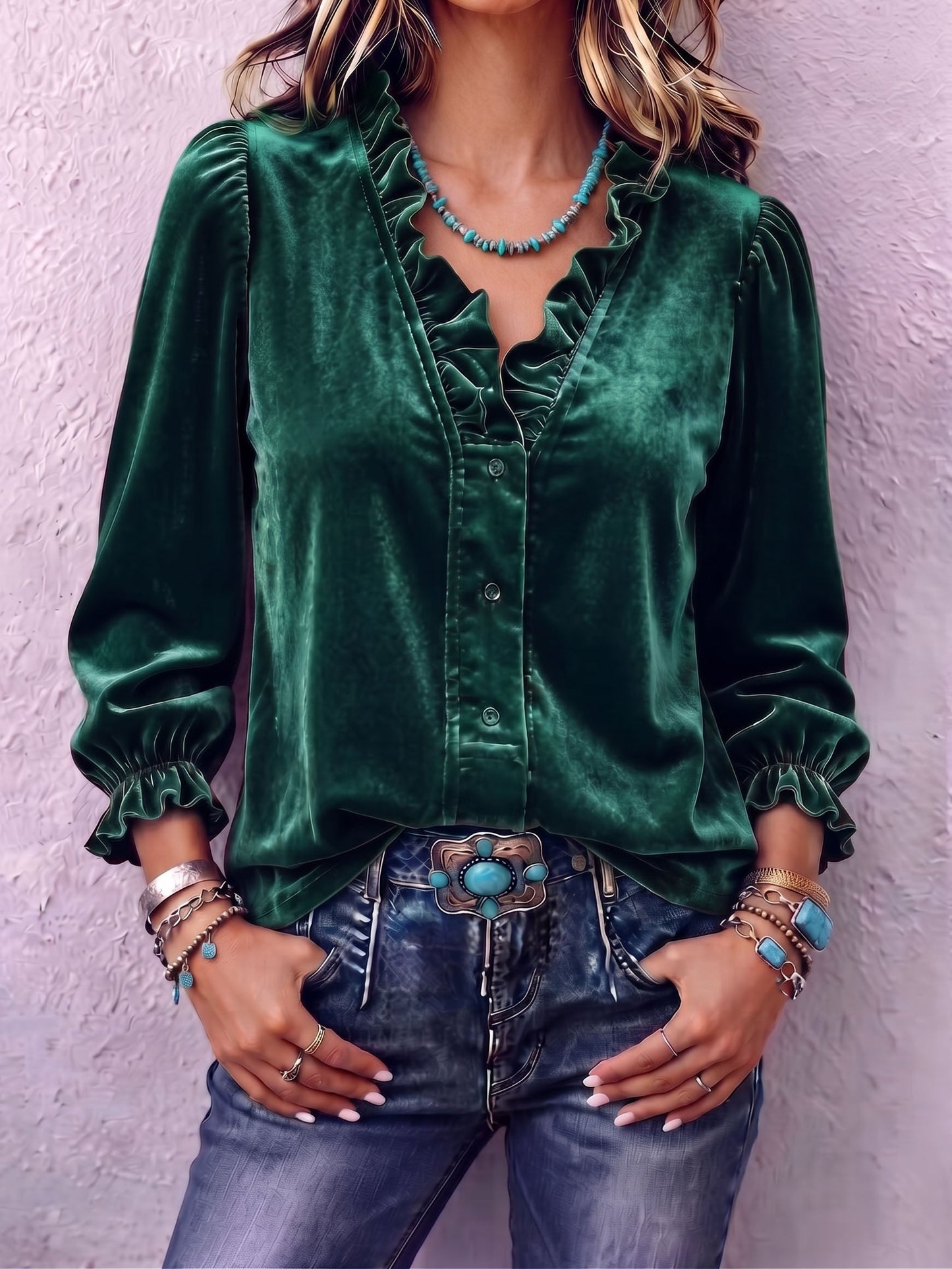 Retro Boho Ruffled Velvet Blouse