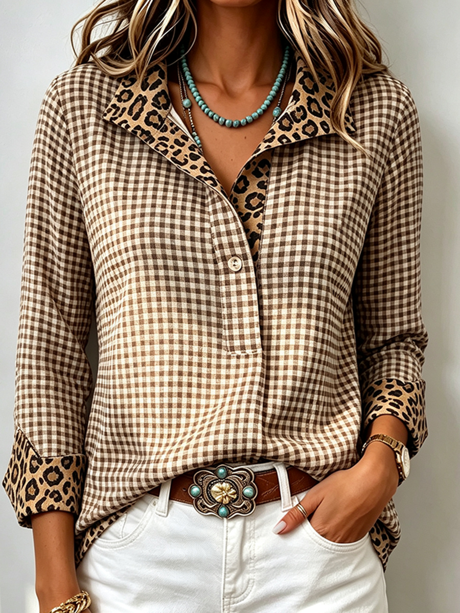 Stylish Plaid Leopard Contrast Long-sleeve Cotton Shirt Top