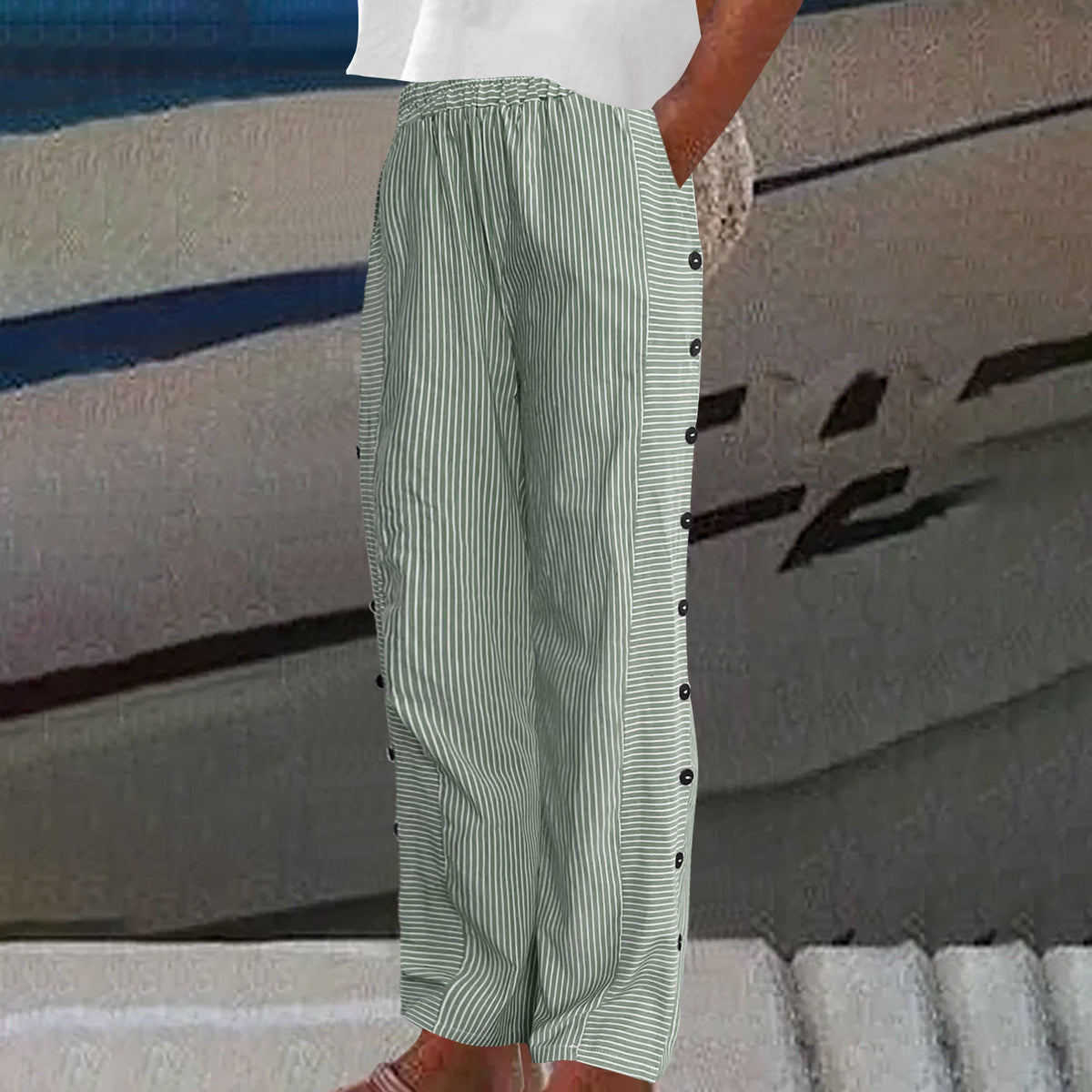 Kendall | Lightweight Stripe Buttoned Trousers