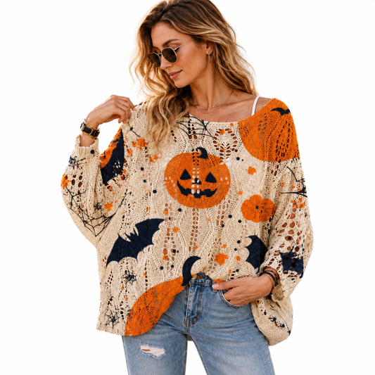 Women’s Pumpkin & Bat Crochet Knit Top – Festive Off-Shoulder Fall Style