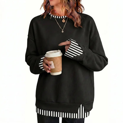 Women Crew Neck Layered Look Striped Patchwork Drop Shoulder Oversized Sweatshirt