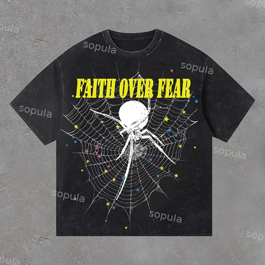 Faith Over Fear & Spider Graphic Washed T-Shirt