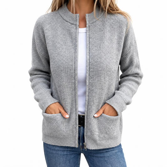 Round Neck Ribbed Knit Zip Jacket