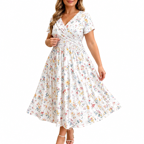 Twist-Waist Floral V-Neck Midi Dress