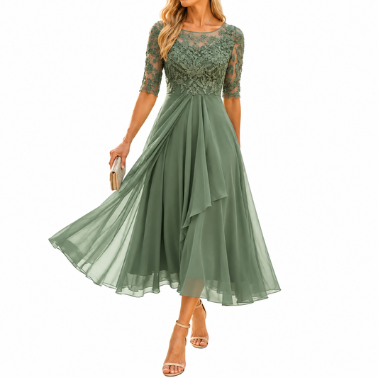 Embroidered Lace Bodice Midi Dress for Weddings