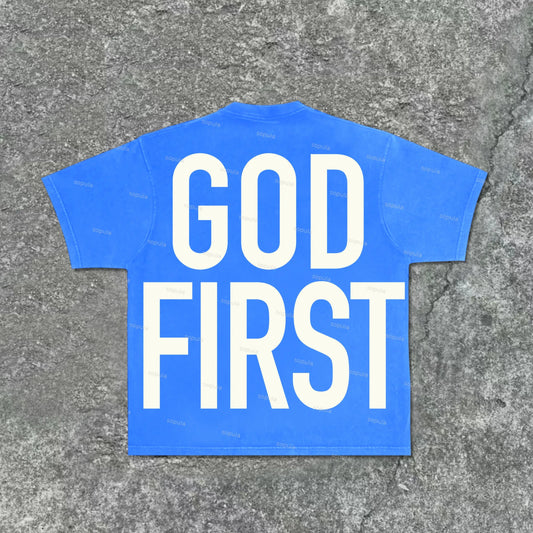 Sopula Vintage God First Print Washed Short Sleeve T-Shirt