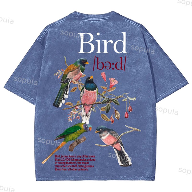 Bird Print Graphic Vintage Acid Wash Cotton T-Shirt