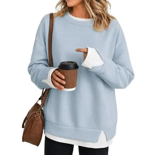 Women Crew Neck Layered Look Striped Patchwork Drop Shoulder Oversized Sweatshirt