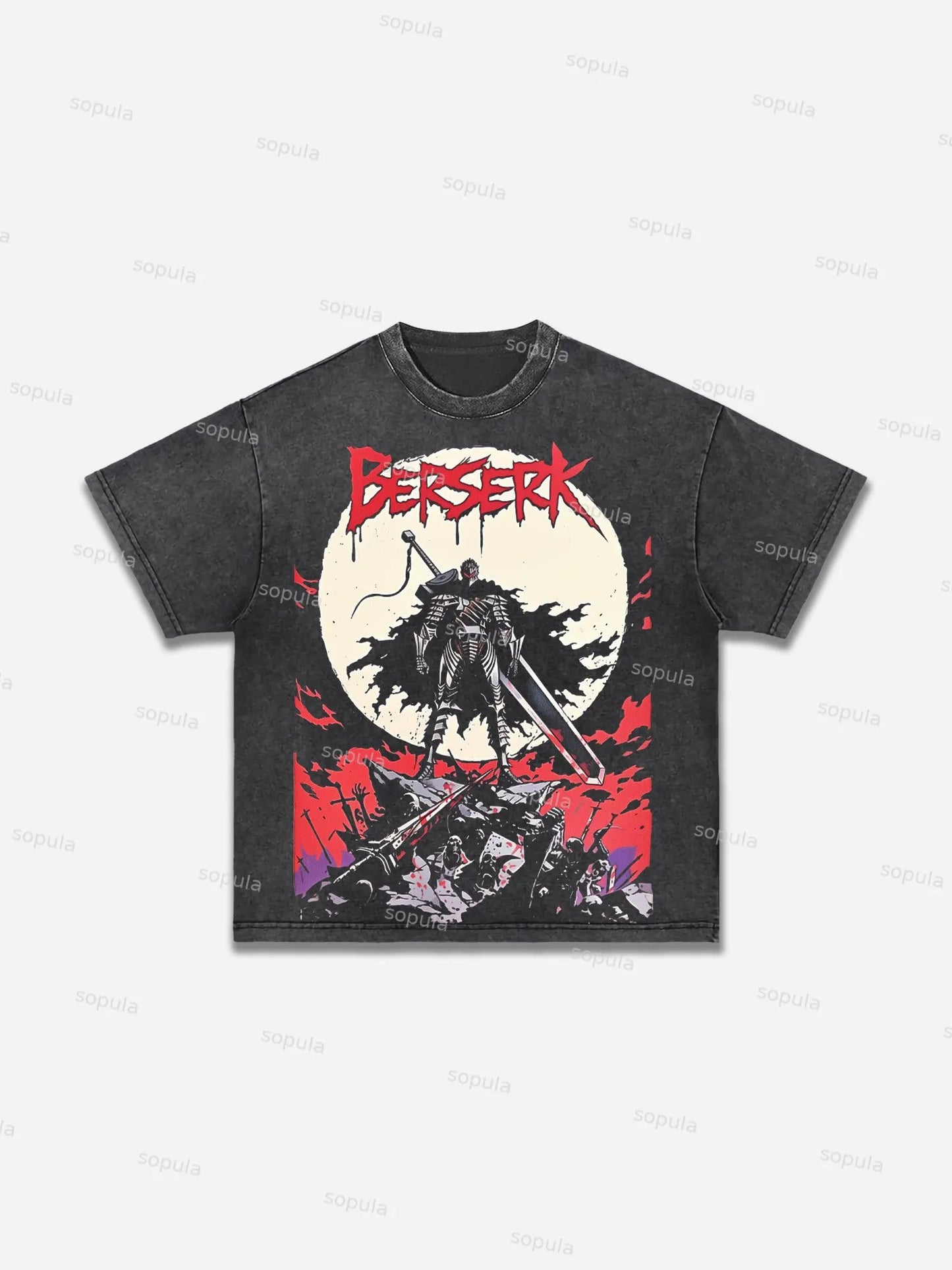 Berserk Black-clad Swordsman Comics Print Acid Wash T-shirt