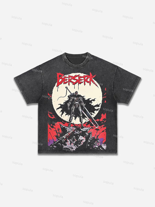 Berserk Black-clad Swordsman Comics Print Acid Wash T-shirt