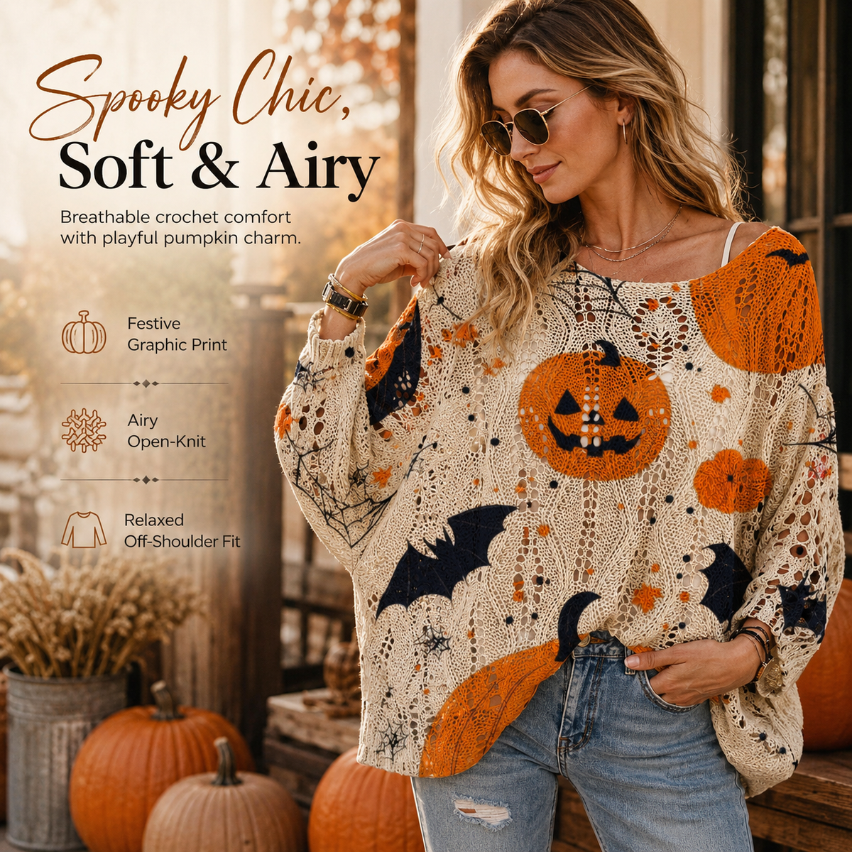 Women’s Pumpkin & Bat Crochet Knit Top – Festive Off-Shoulder Fall Style