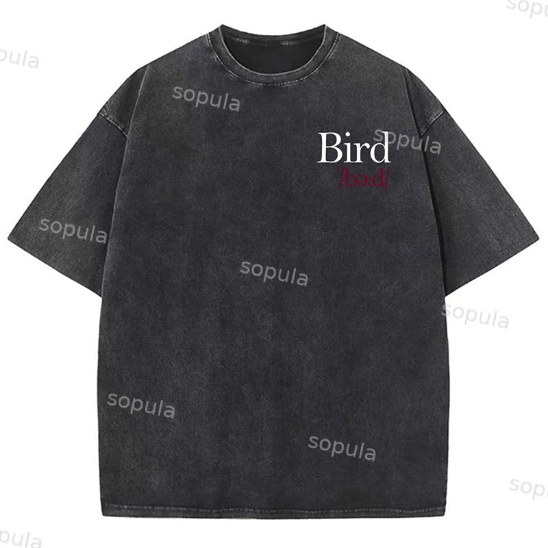 Bird Print Graphic Vintage Acid Wash Cotton T-Shirt