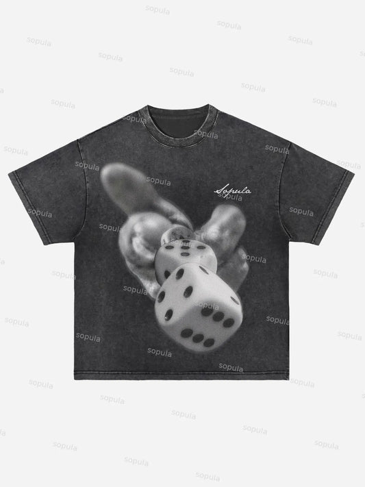 Y2k Fun Pattern Creative Dice Acid Wash T-shirt