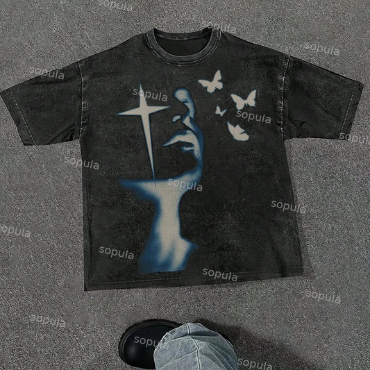 Vintage Butterfly Cross Graphic Acid Washed T-shirt