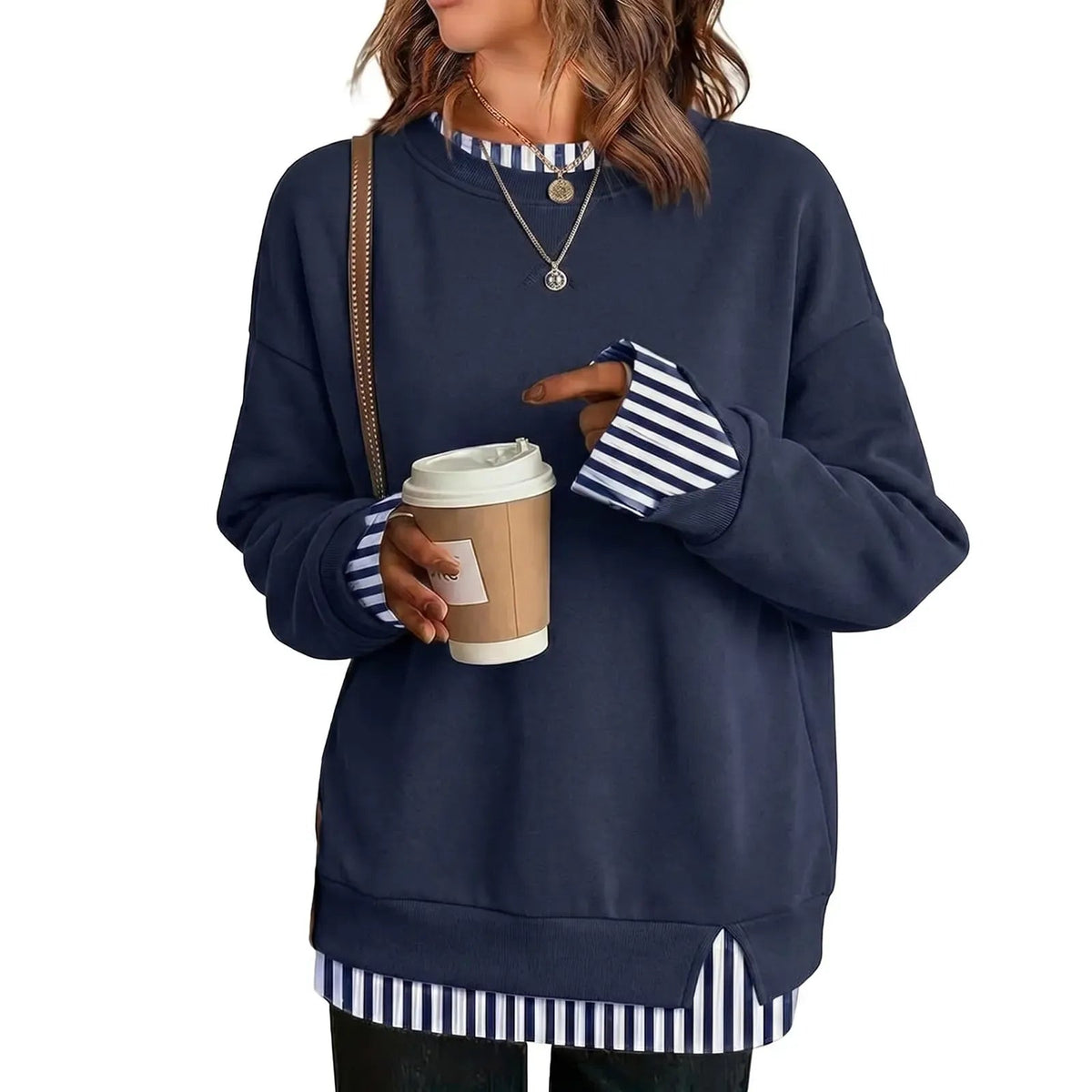 Women Crew Neck Layered Look Striped Patchwork Drop Shoulder Oversized Sweatshirt