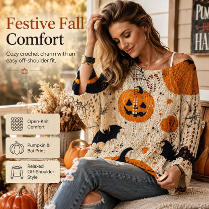 Women’s Pumpkin & Bat Crochet Knit Top – Festive Off-Shoulder Fall Style