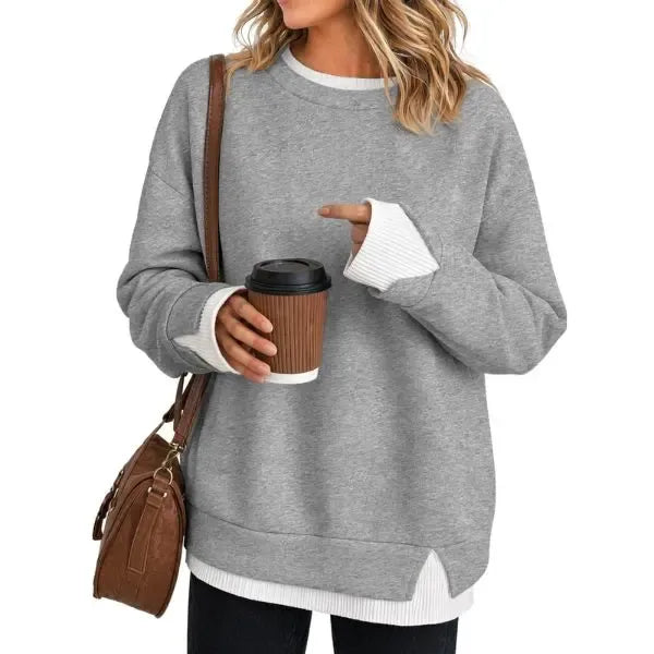 Women Crew Neck Layered Look Striped Patchwork Drop Shoulder Oversized Sweatshirt