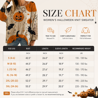 Women’s Pumpkin & Bat Crochet Knit Top – Festive Off-Shoulder Fall Style