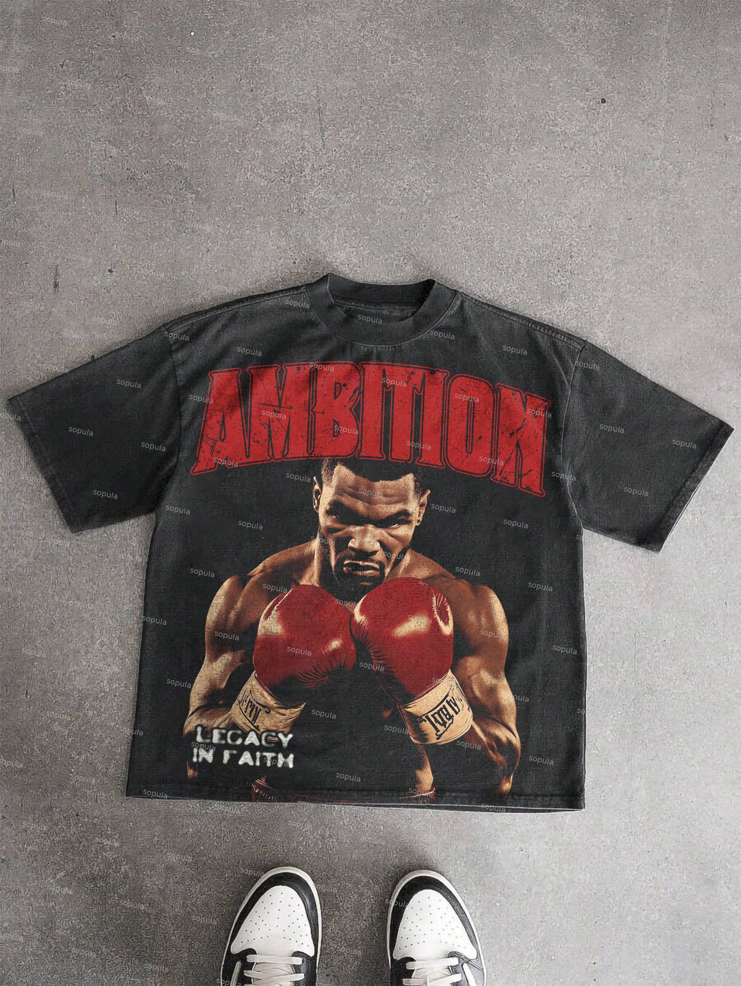 Ambition Legendary Boxer Portrait Dot Graphic Acid Wash T-shirt