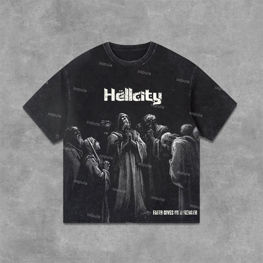 Hellcity-Belief In God Graphics Acid Washed T-Shirt