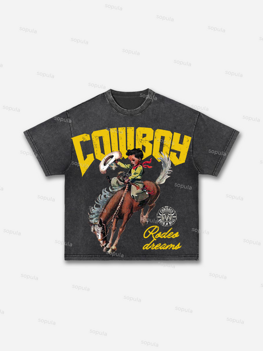 Cowboy Rodeo Dreams Print Acid Wash T-shirt