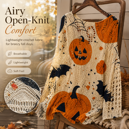 Women’s Pumpkin & Bat Crochet Knit Top – Festive Off-Shoulder Fall Style