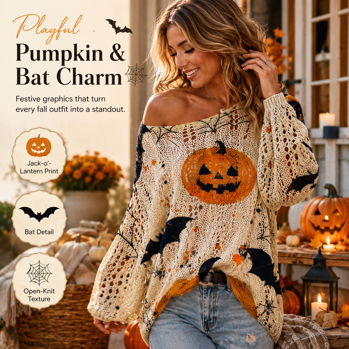Women’s Pumpkin & Bat Crochet Knit Top – Festive Off-Shoulder Fall Style