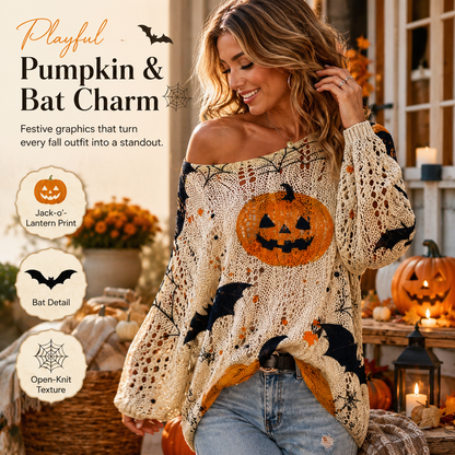 Women’s Pumpkin & Bat Crochet Knit Top – Festive Off-Shoulder Fall Style