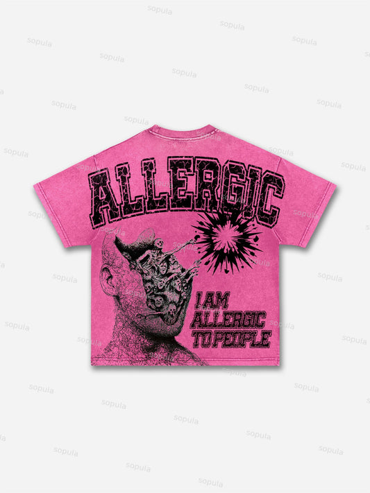 I Am Allergic To People Print Acid Wash T-shirt