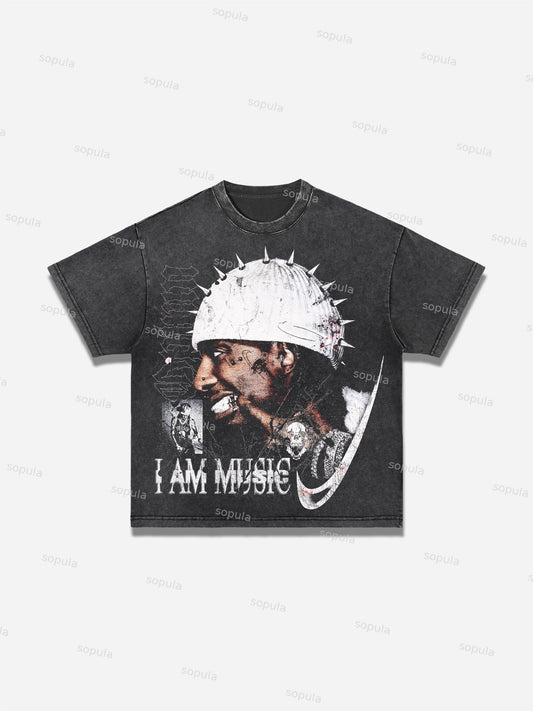 I Am Music Street Portrait Graphic Acid Wash T-shirt