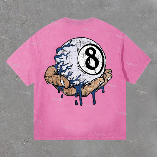 Hand Holding 8 Ball Fun Retro Print Acid Washed T-Shirt