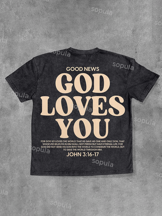 Vintage God Loves You Graphic Acid Washed T-shirt