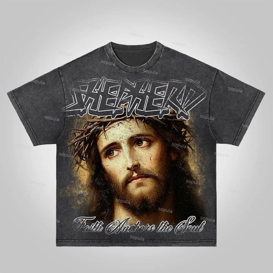 Sopula Jesus Vintage Graphics Acid Washed T-Shirt