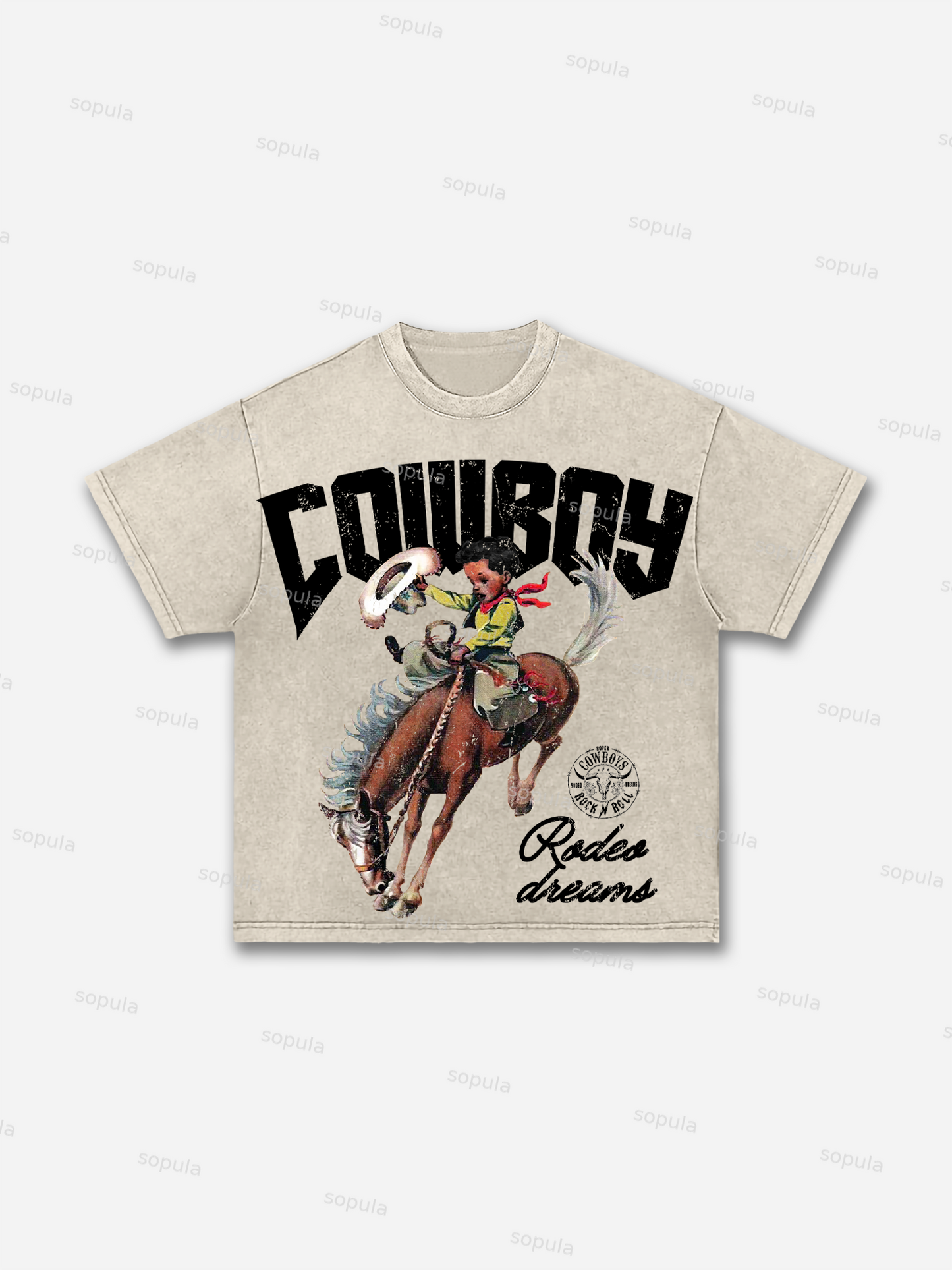 Cowboy Rodeo Dreams Print Acid Wash T-shirt