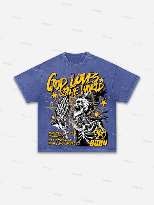 God Love The World Skull Graphic Vintage Washed T-Shirt