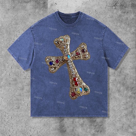 Diamond Cross Graphic Print Acid Washed T-Shirt