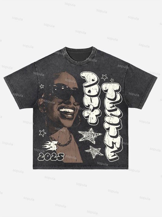 Don't Test Me Street Portrait Graphic Acid Wash T-shirt
