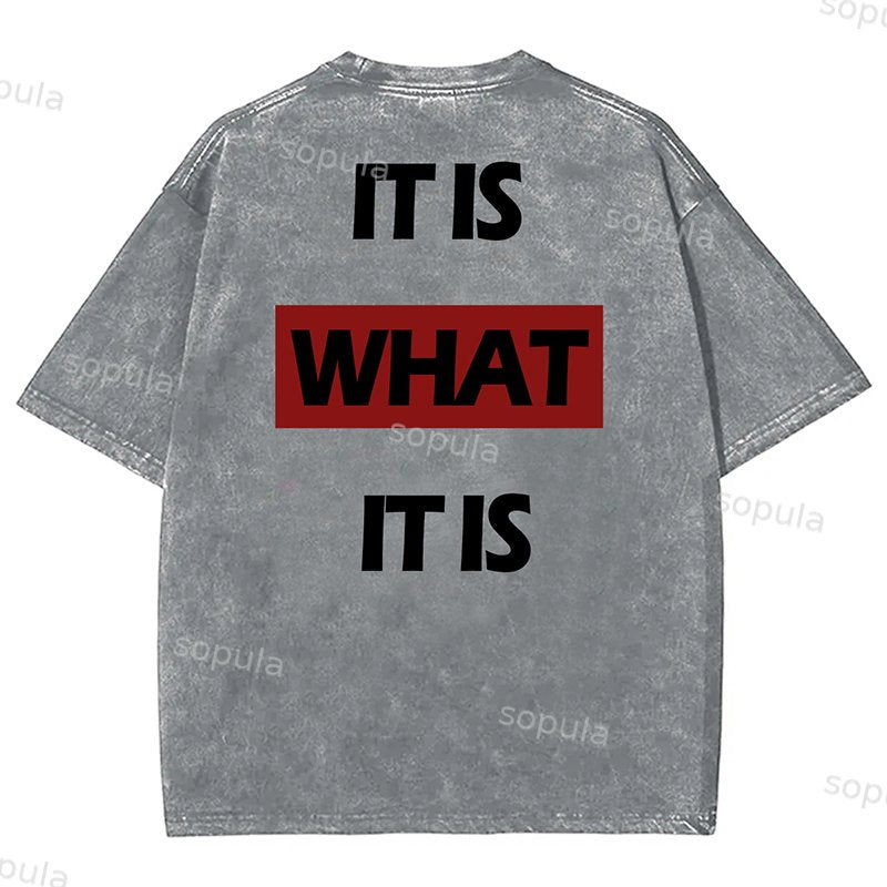Sopula Vintage It Is What It Is Letters Print Short Sleeve Acid Washed T-Shirt
