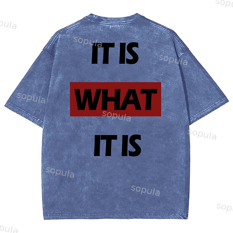 Sopula Vintage It Is What It Is Letters Print Short Sleeve Acid Washed T-Shirt