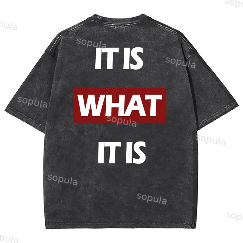 Sopula Vintage It Is What It Is Letters Print Short Sleeve Acid Washed T-Shirt
