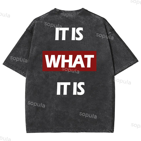Sopula Vintage It Is What It Is Letters Print Short Sleeve Acid Washed T-Shirt