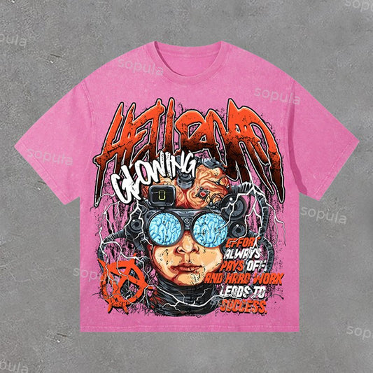 Hell Road Vintage Flame Portrait Print Acid Washed T-Shirt