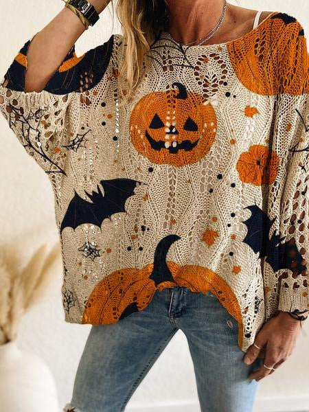 Women’s Pumpkin & Bat Crochet Knit Top – Festive Off-Shoulder Fall Style