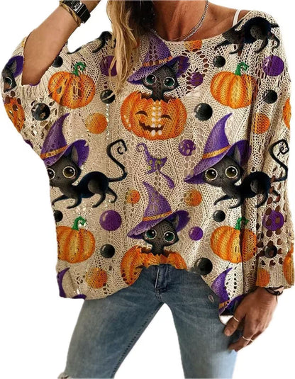 Women’s Pumpkin & Bat Crochet Knit Top – Festive Off-Shoulder Fall Style