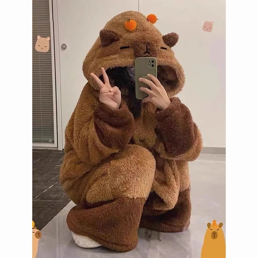 3D Capybara Plush Fleece Hooded Loungewear Suit